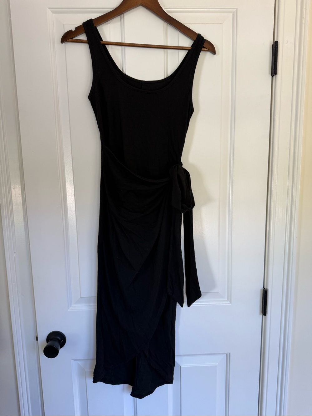 Sleeveless Black Wrap Midi Dress with Side Tie